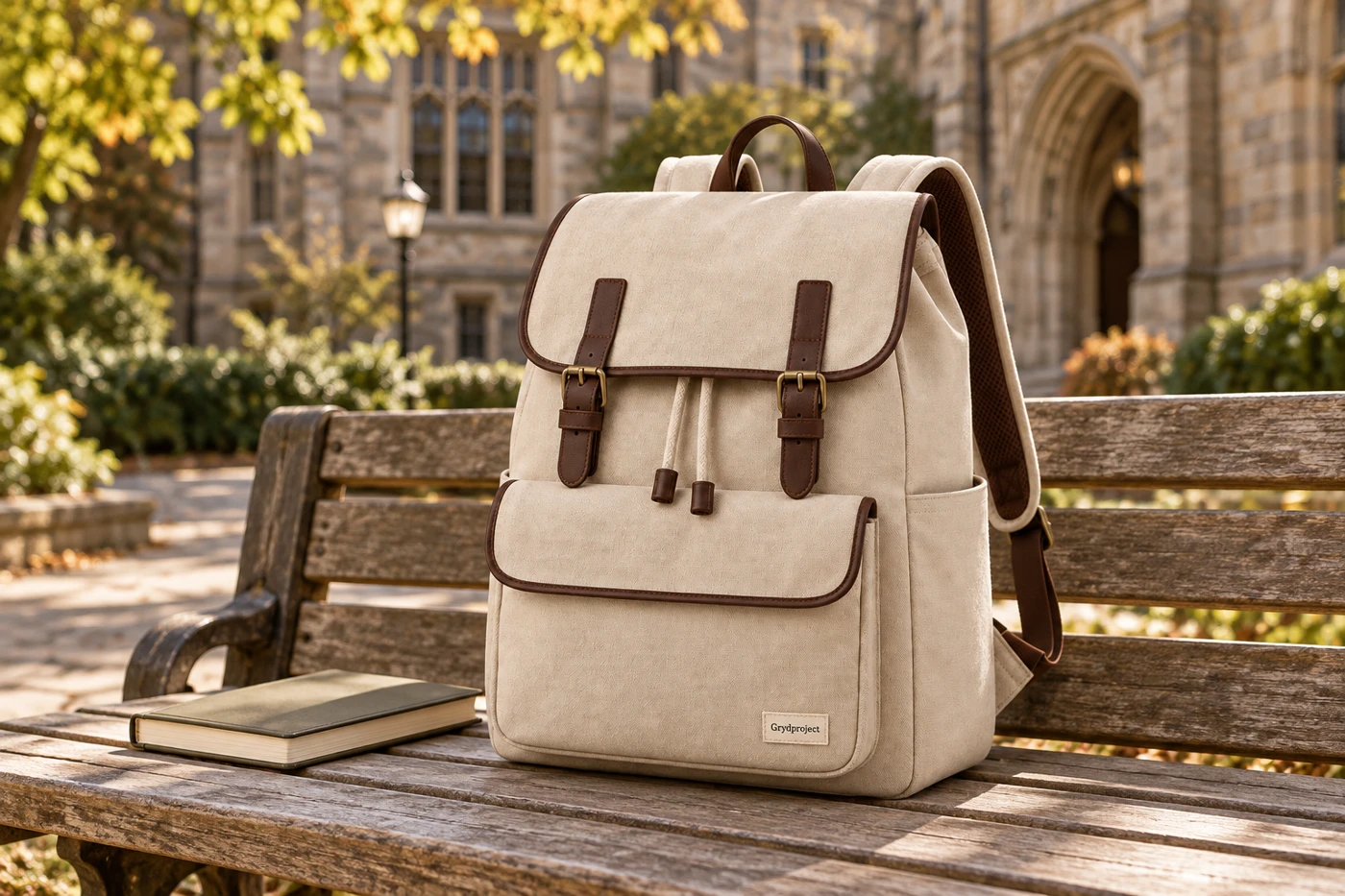 Grydproject oat canvas bag on a bench in a quiet campus courtyard