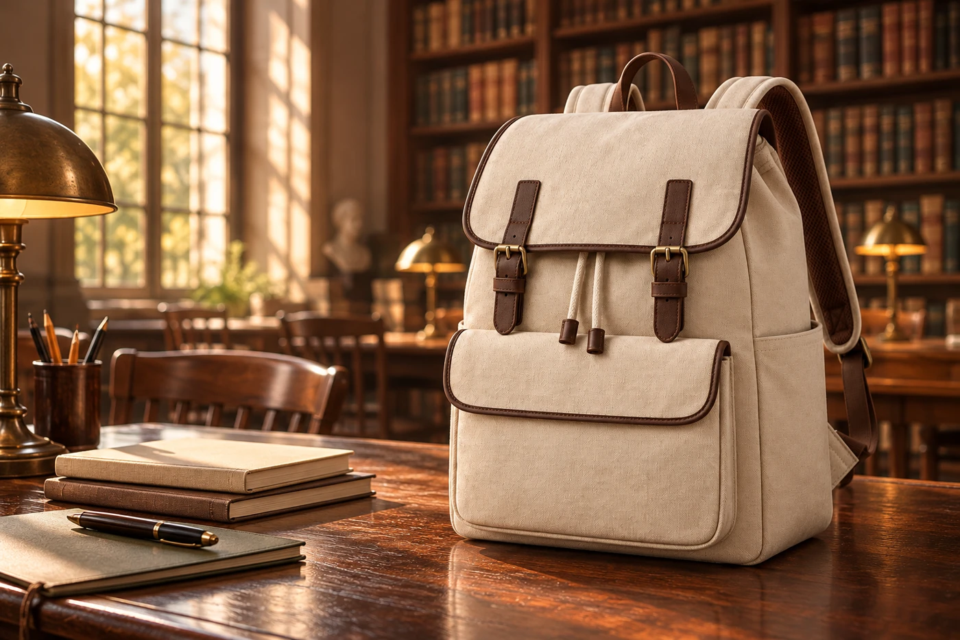 Grydproject canvas book bag on a wooden desk in a warm campus reading room